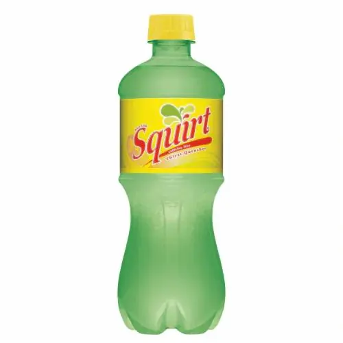 Green Squirt soda bottle with yellow label.