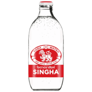 Singha soda water bottle with red label
