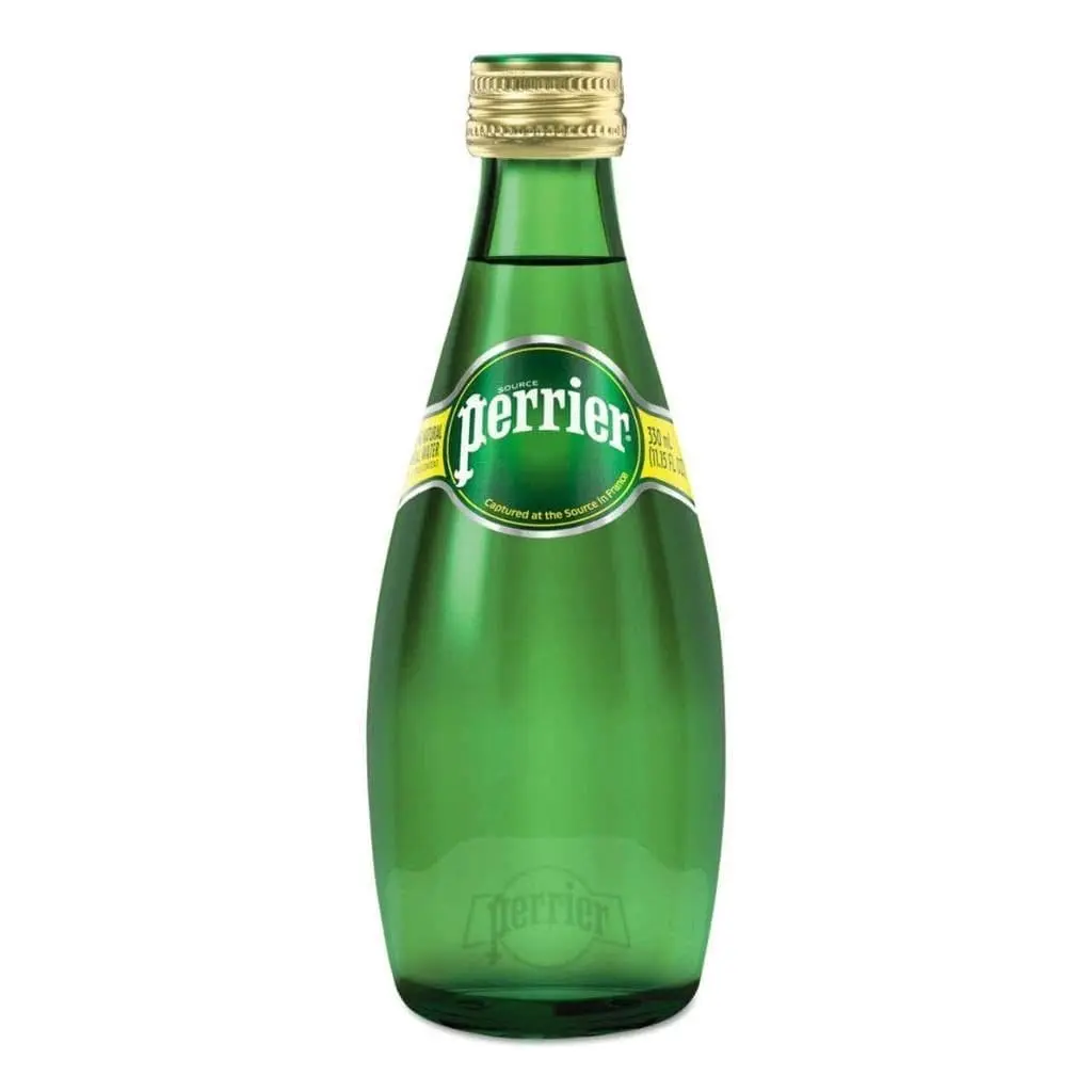Green glass bottle of Perrier water
