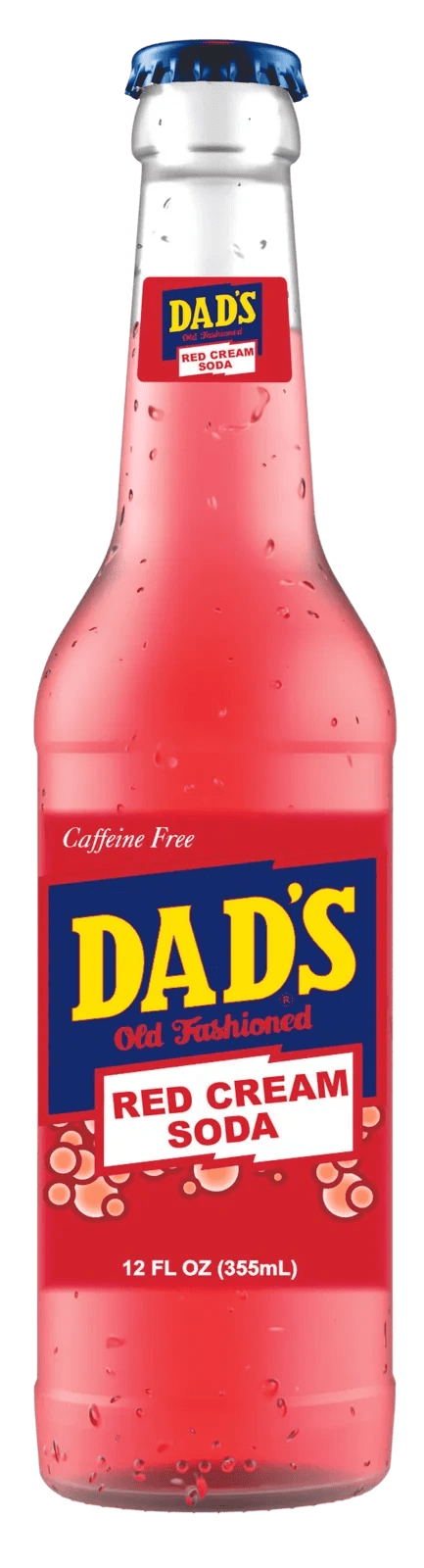 Caffeine-free red soda, glass bottle.