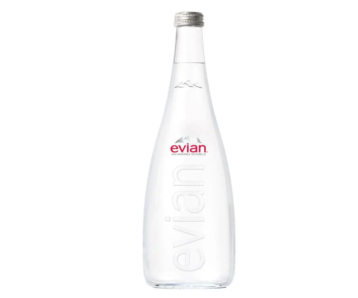 Clear Evian bottle with silver cap