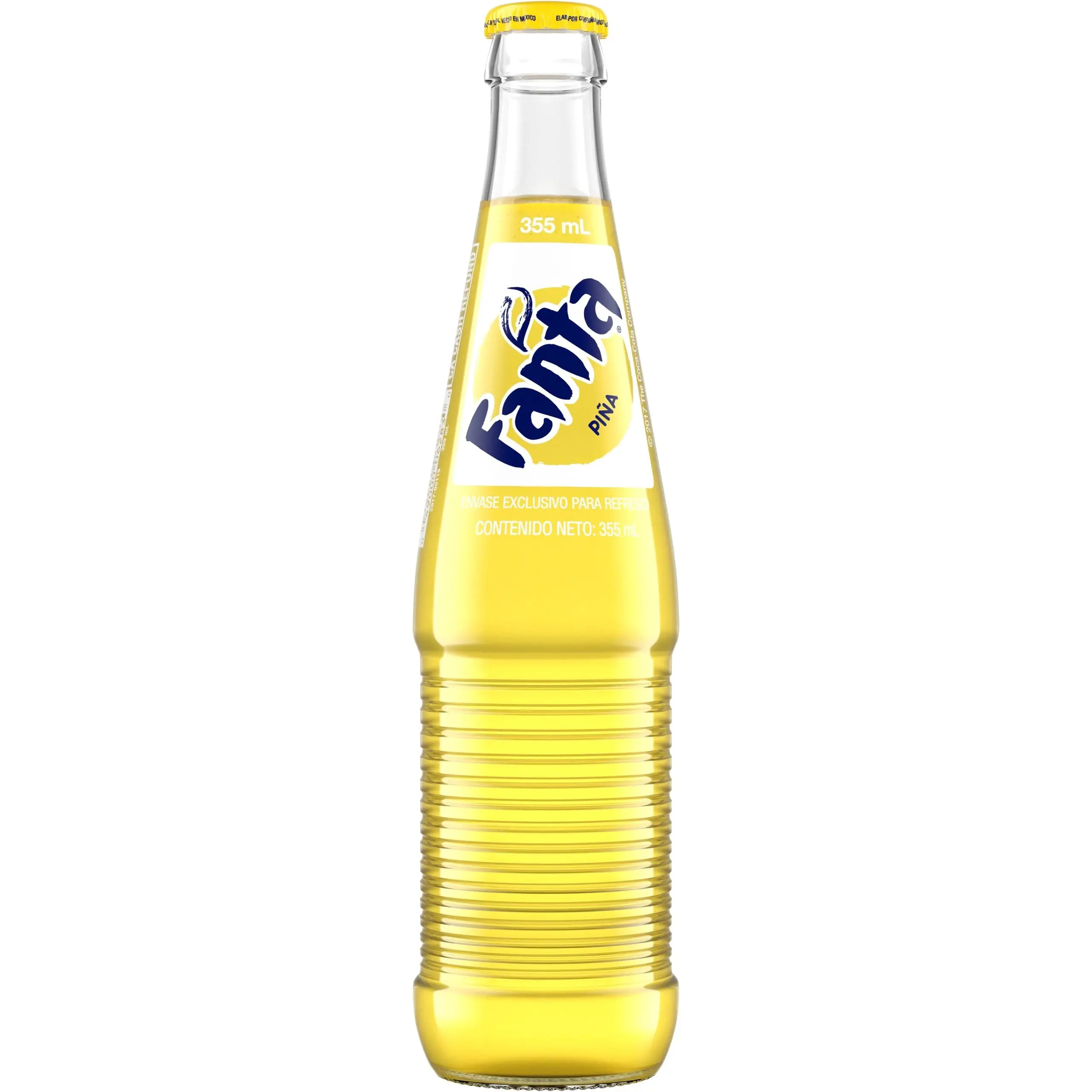Yellow Fanta soda bottle on white background.