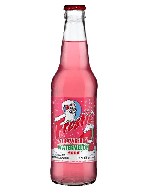 Pink Frostie soda bottle on black background
