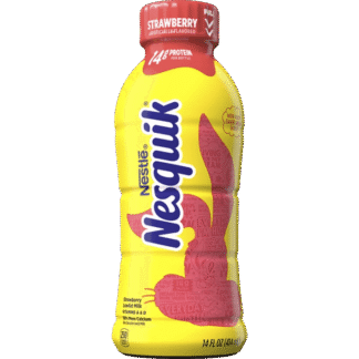 Yellow Nesquik bottle with pink design
