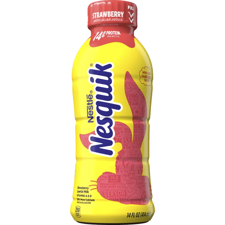 Yellow Nesquik bottle with pink design