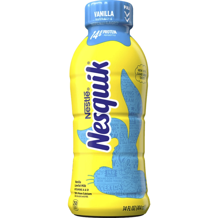 Yellow Nesquik drink with blue rabbit