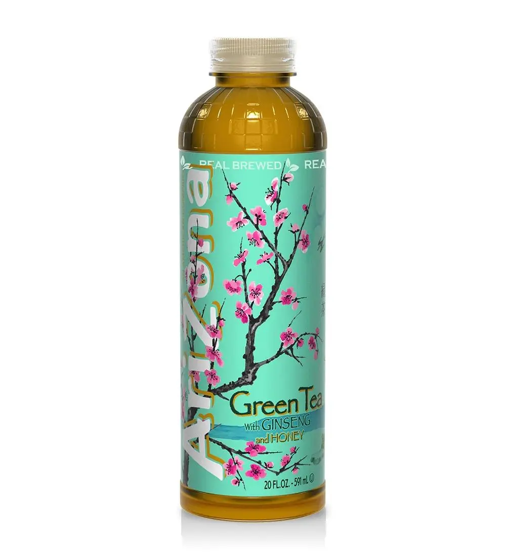 Tall Arizona green tea bottle featuring cherry blossoms