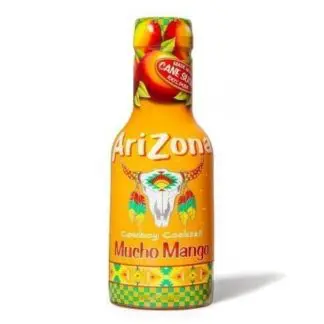 A colorful Arizona Mucho Mango beverage bottle with vibrant tropical design.