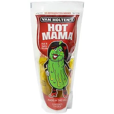 Spicy pickle packaging with cartoon character