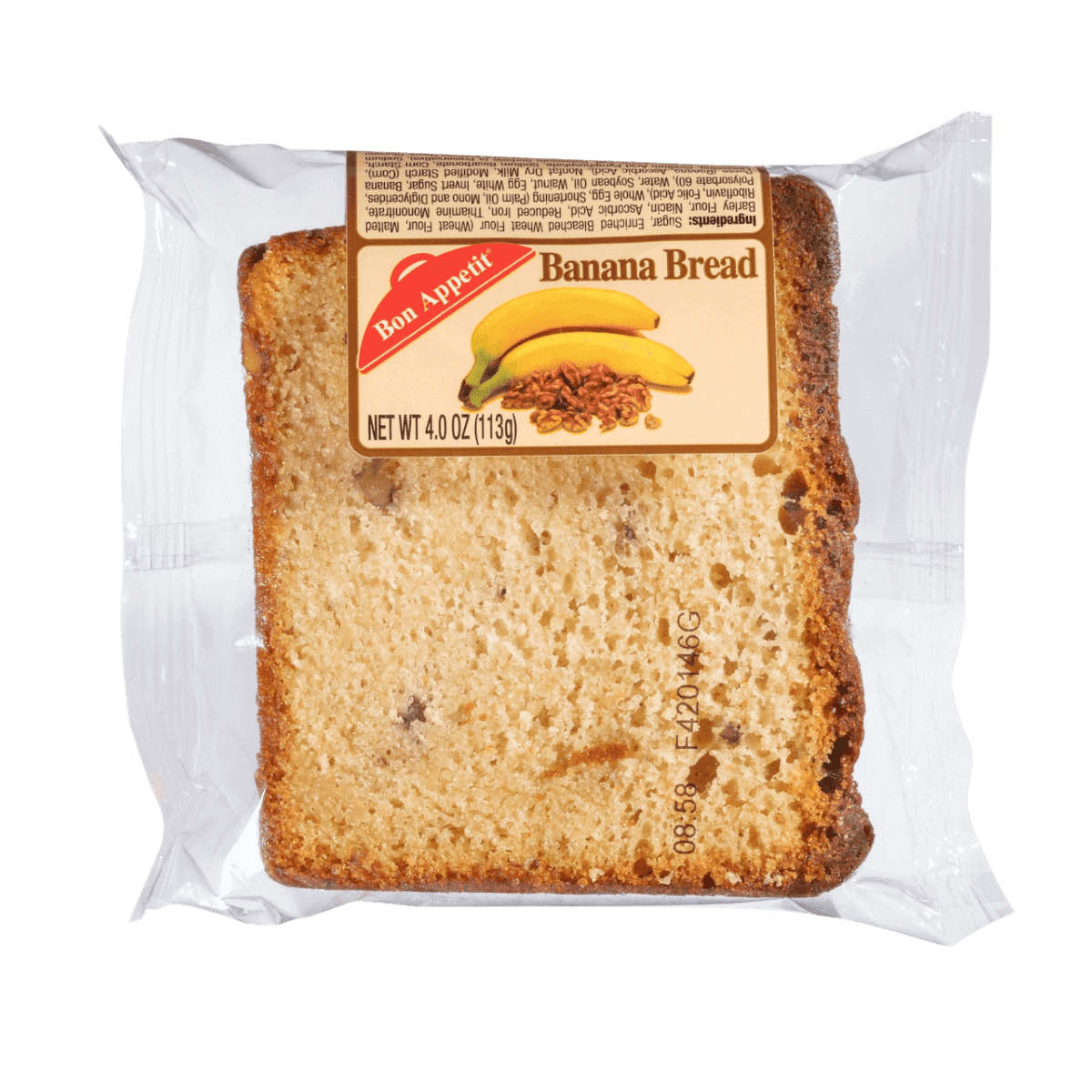 Packaged banana bread slice