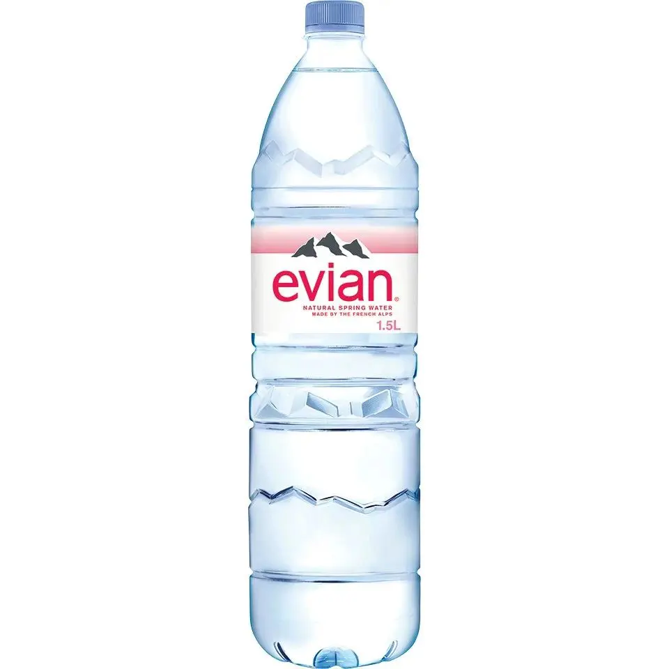 Clear plastic bottle with Evian label