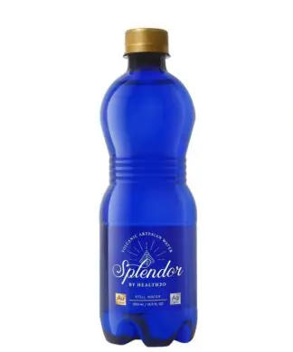 Blue bottled water with gold cap