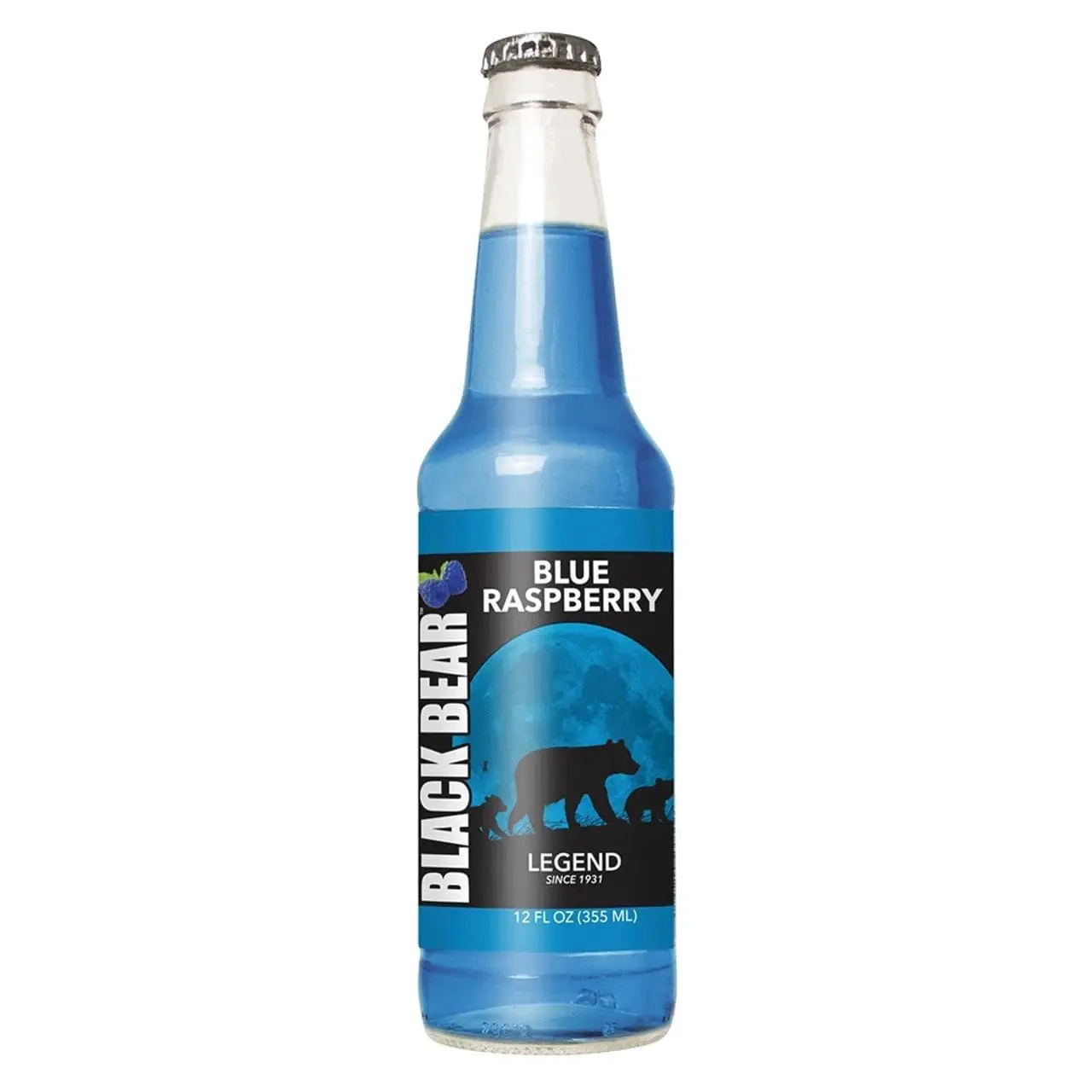 Blue raspberry soda bottle with bear logo