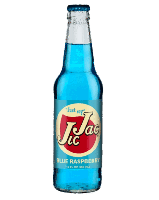 Glass bottle of bright blue raspberry soda