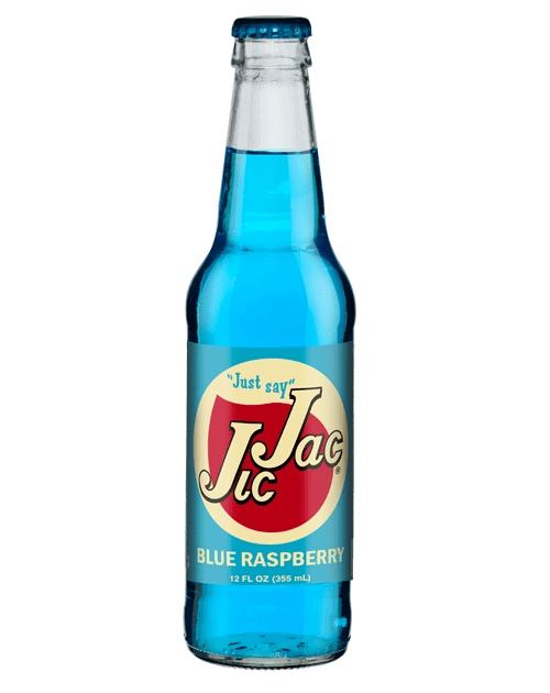 Glass bottle of bright blue raspberry soda