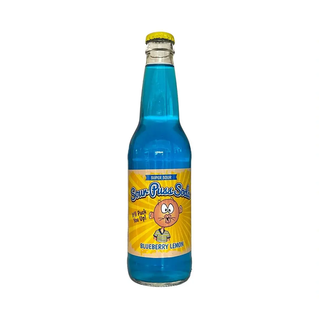 Sour Puss Soda in blue glass bottle.