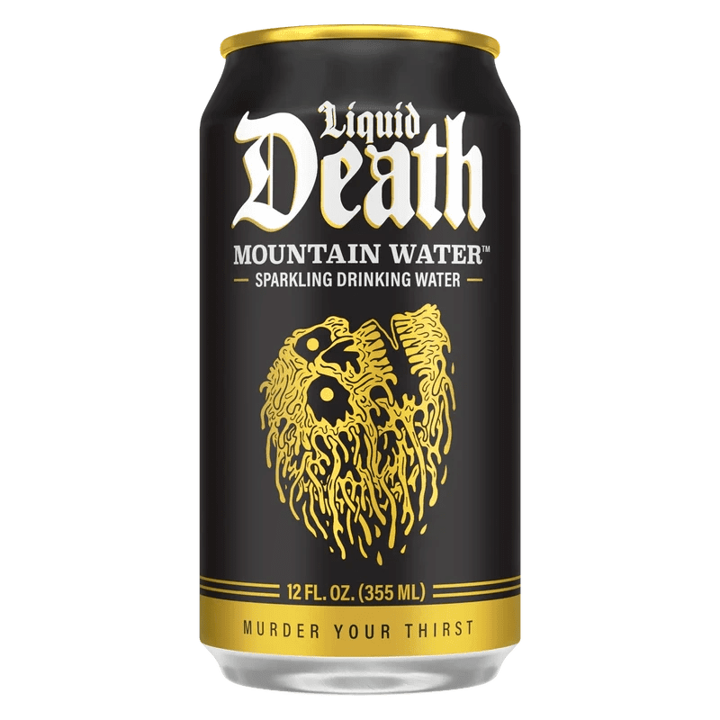 Black and gold Liquid Death water can