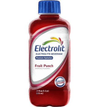 Red electrolyte drink bottle with blue cap