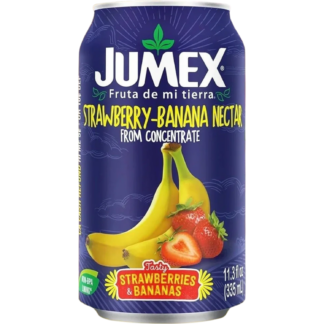 Blue can with bananas and strawberries artwork