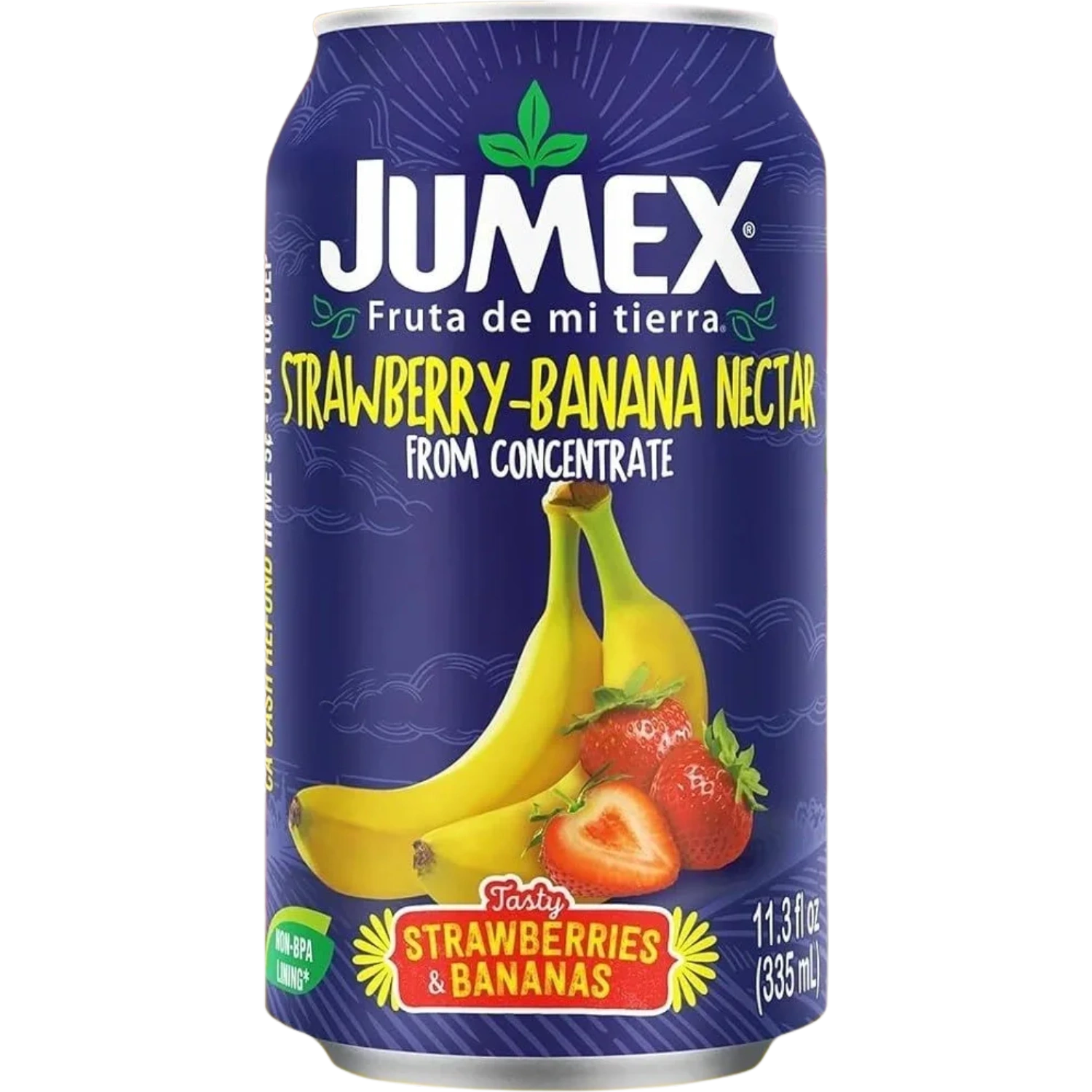 Blue can with bananas and strawberries artwork