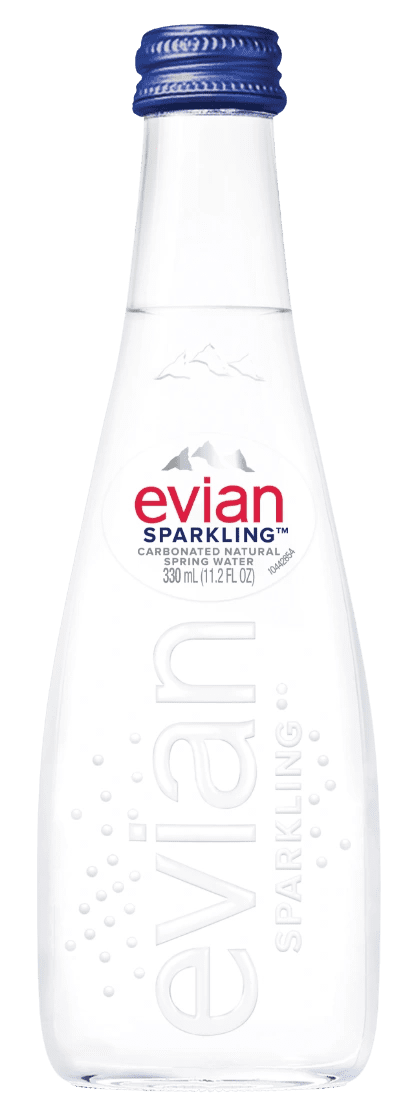 Evian sparkling water bottle on black background