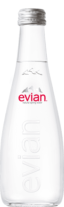 Clear glass bottle with Evian branding