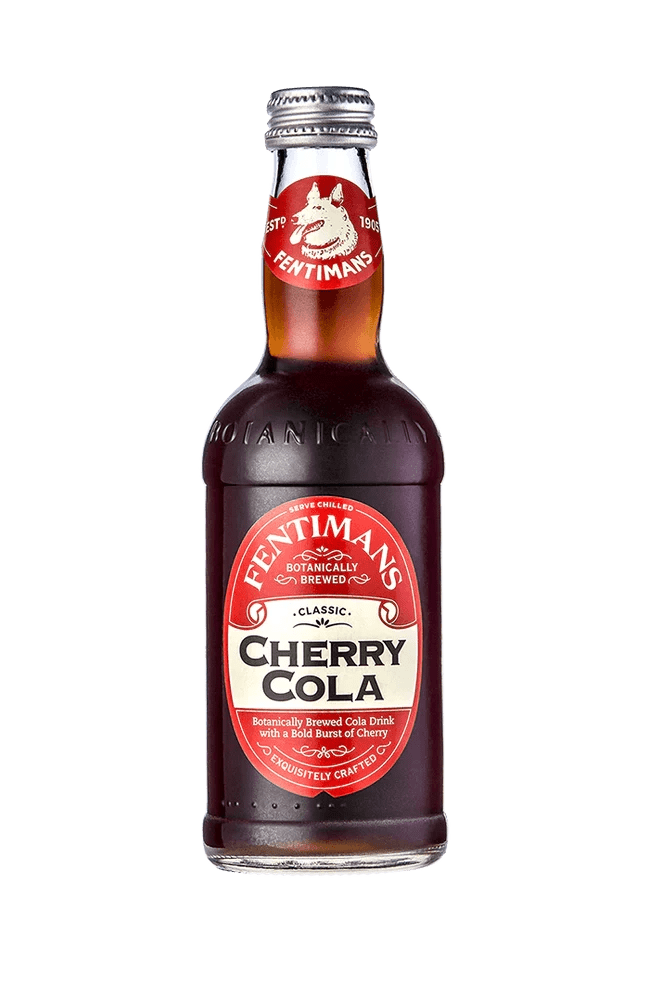 Classic cherry cola beverage in bottle.