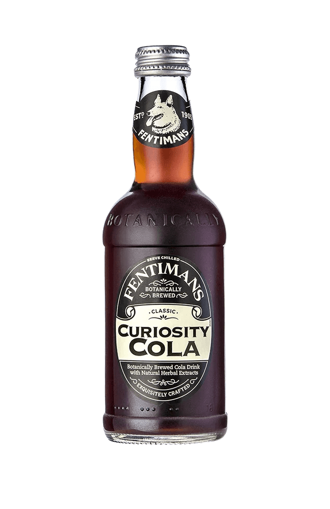 Dark botanical cola in embossed glass bottle