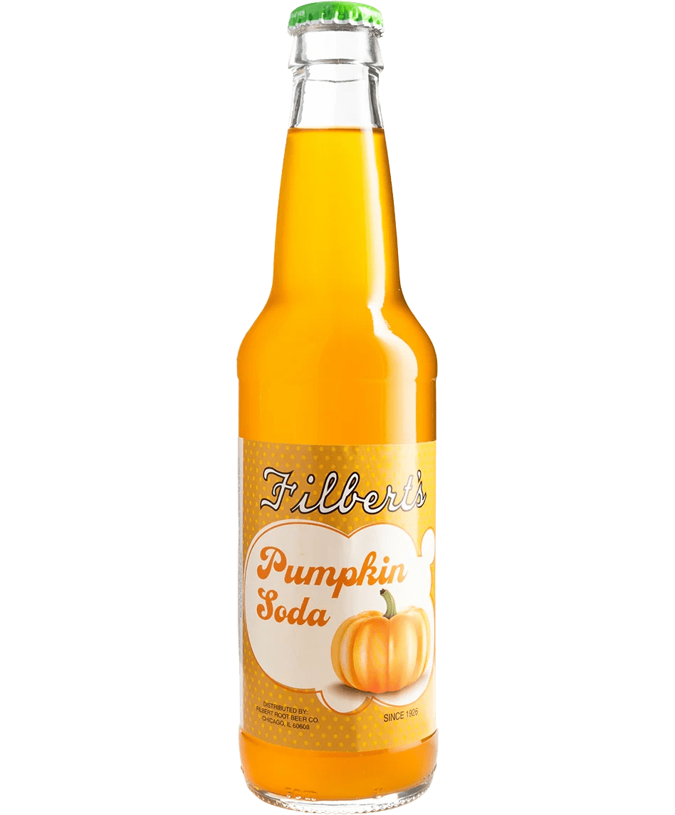 A bottle of pumpkin soda with an orange drink inside.