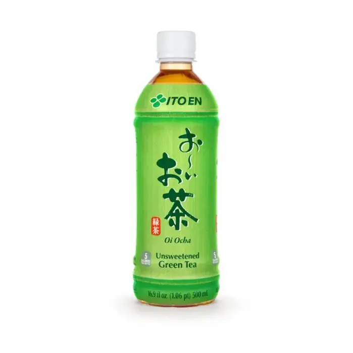 Green tea bottle with Japanese text