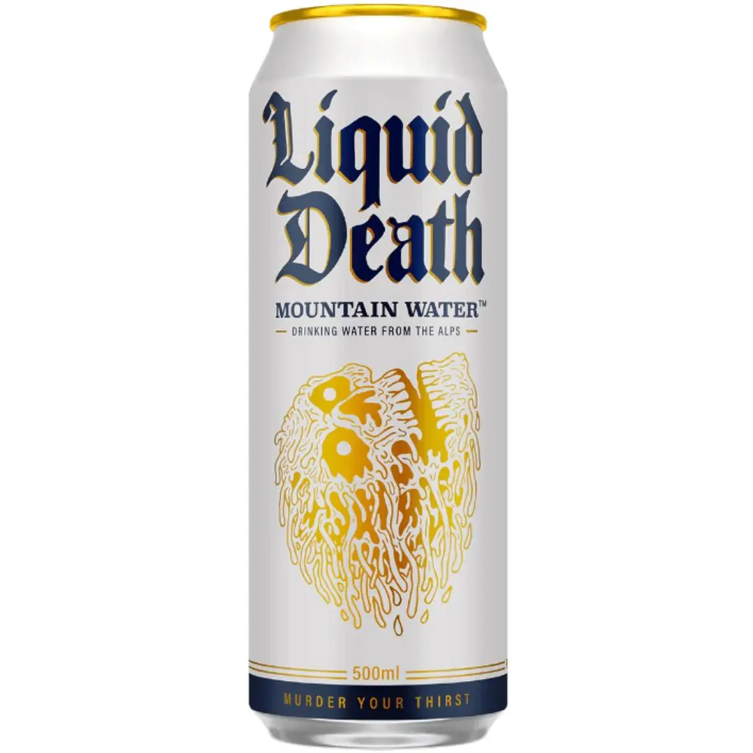 Liquid Death water branding with gold details