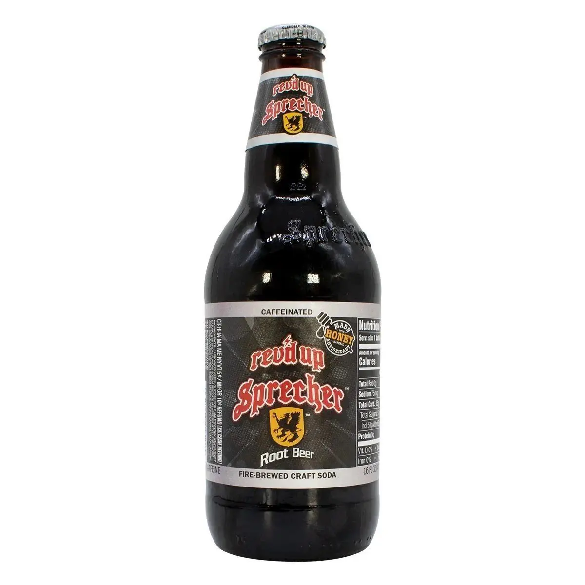 Caffeinated root beer beverage bottle