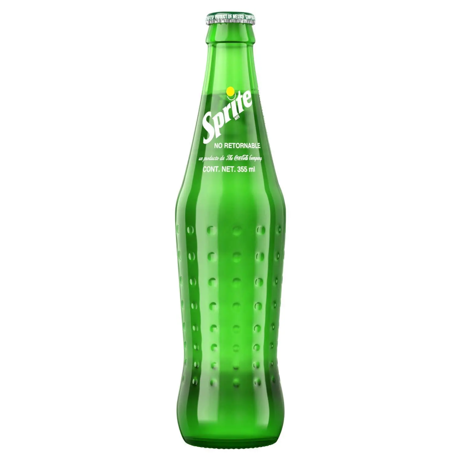 Green glass Sprite bottle on white background
