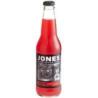 Red Jones soda bottle with cat label