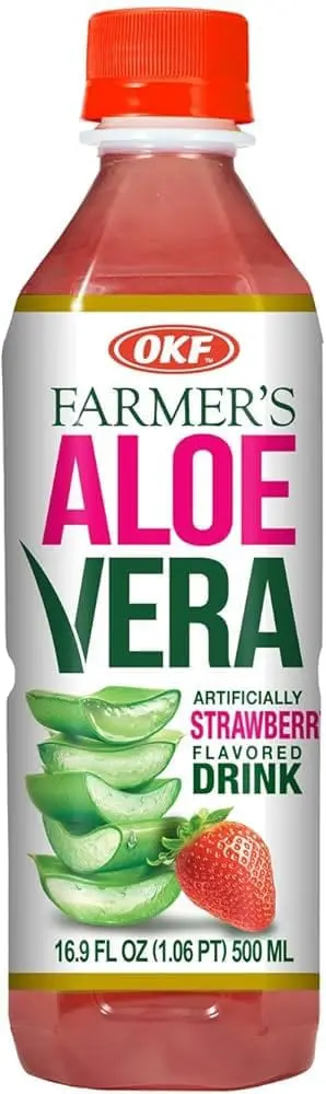 Bottle of strawberry aloe vera drink