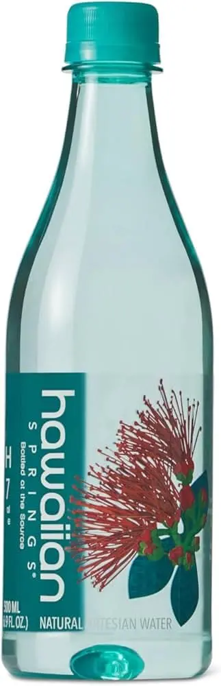 Clear water bottle with teal cap and label