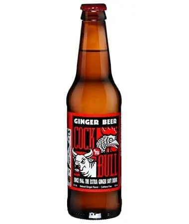 Amber bottle of ginger beer with red label