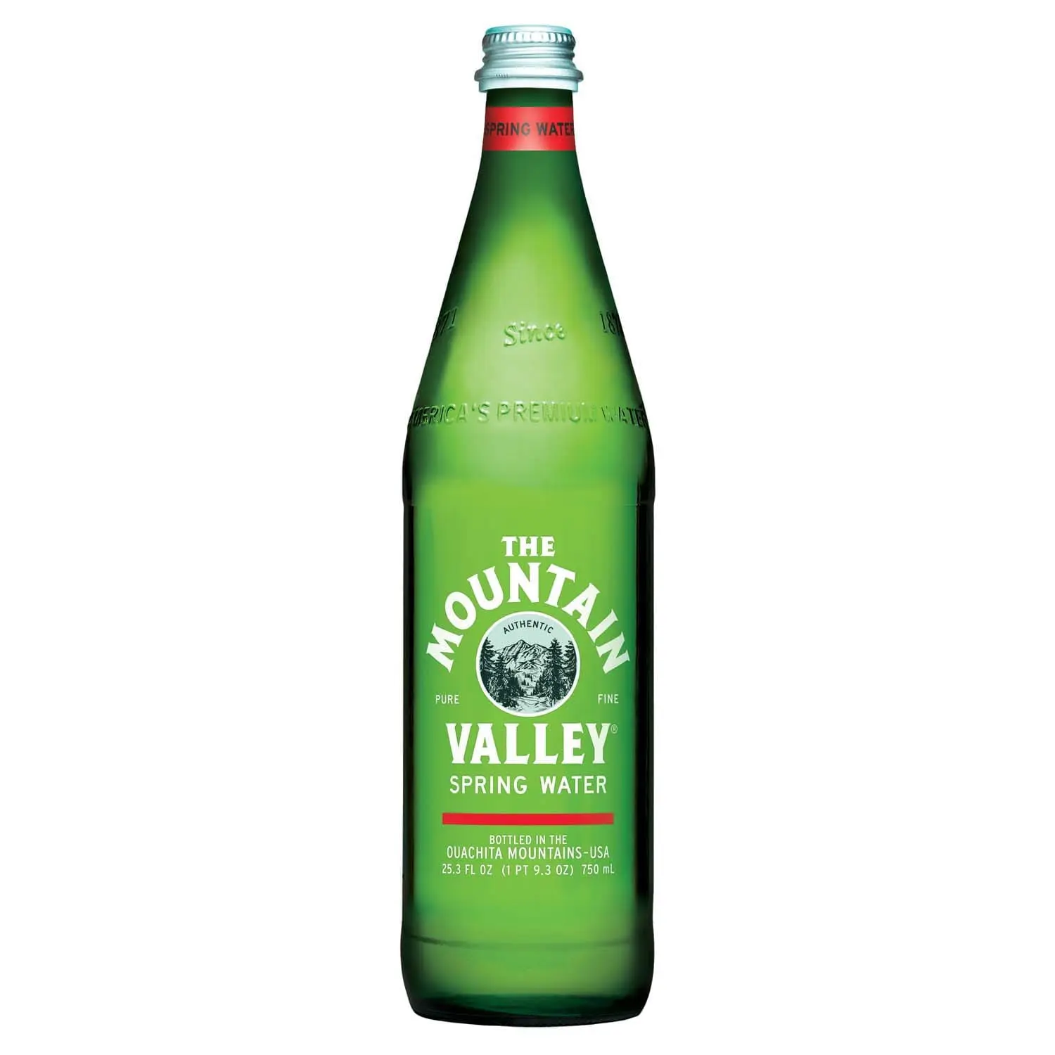Tall Mountain Valley green glass bottle