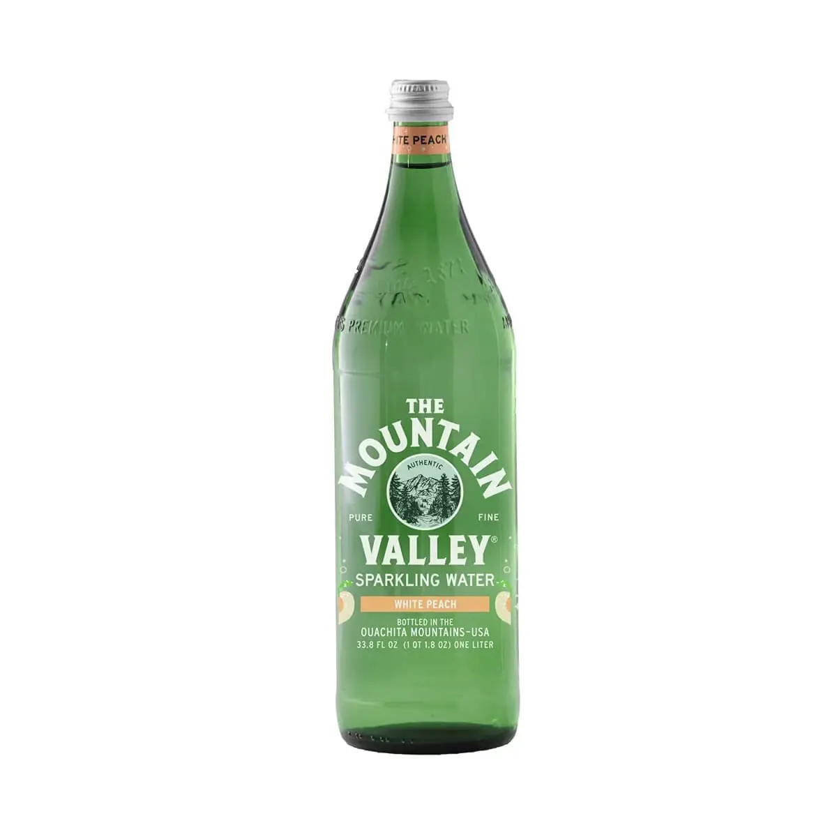 Green glass bottle of white peach water