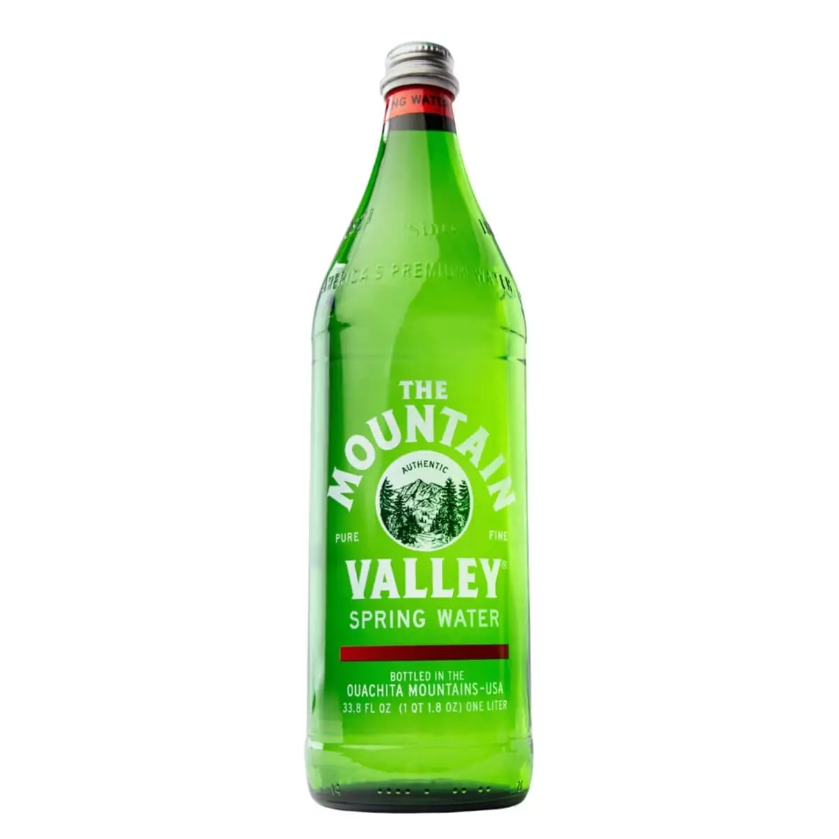 Mountain Valley green glass spring water bottle