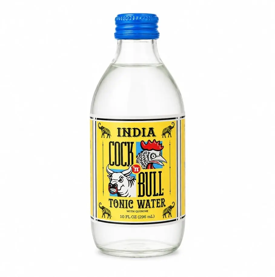 Glass bottle with yellow India tonic label