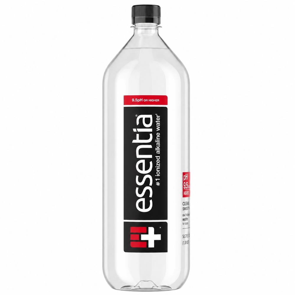 Clear 50oz ionized water bottle with black label