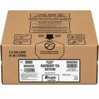 Cardboard box labeled Fuze Raspberry Tea