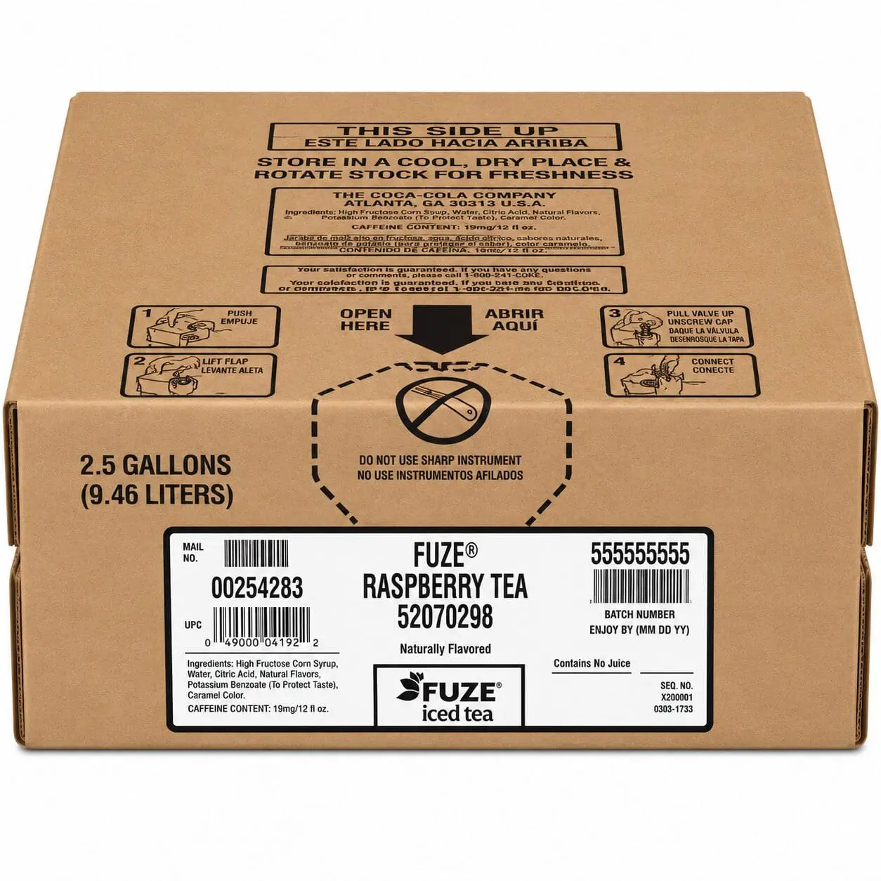Cardboard box labeled Fuze Raspberry Tea