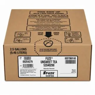 Cardboard box labeled FUZE Unsweet Tea
