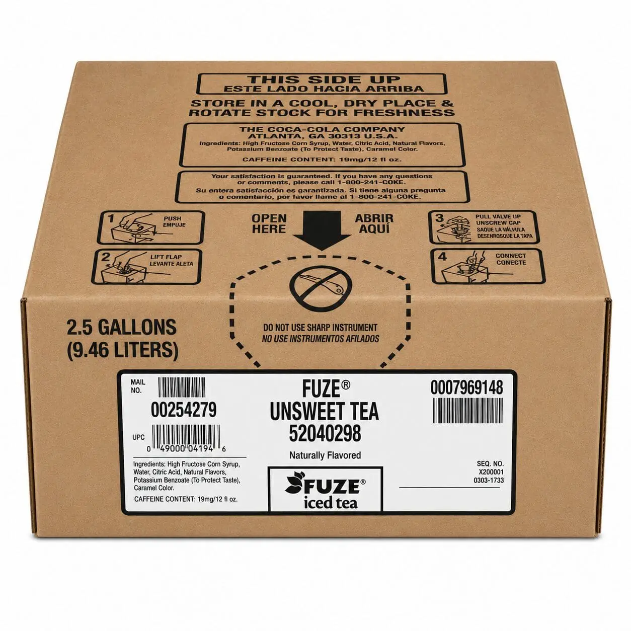 Cardboard box labeled FUZE Unsweet Tea