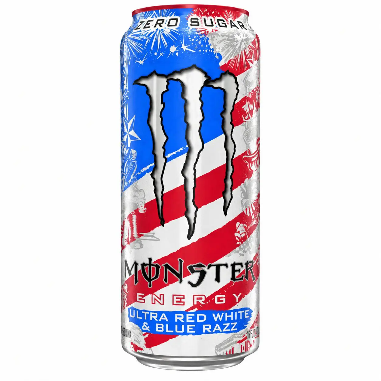 Red white and blue Monster Energy can