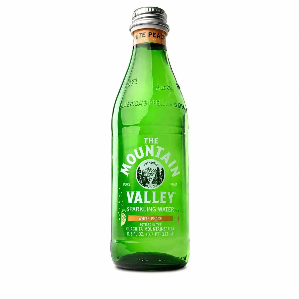 Green glass bottle of white peach sparkling water