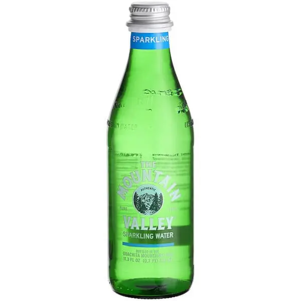 Mountain Valley green glass sparkling water bottle
