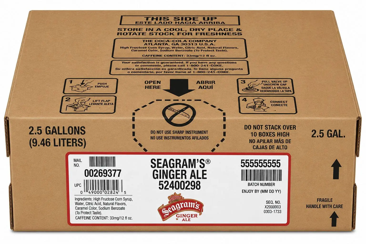 Cardboard box labeled Seagram's Ginger Ale